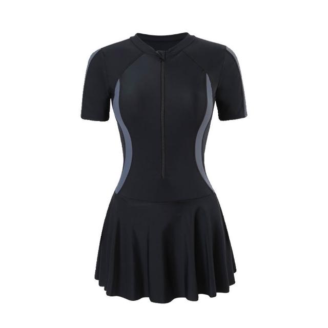 【Friyu】女泳衣連身裙式泳裝 保守遮肚顯瘦泳衣 學生運動風拉鍊泳裝 遮肉泳裙 夏季沙灘溫泉游泳衣