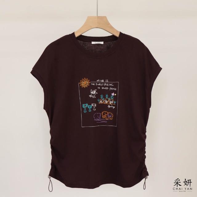 【CHAI YAN 采妍】塗鴉竹節棉連肩短袖上衣(春夏新款-65-78公斤可穿)