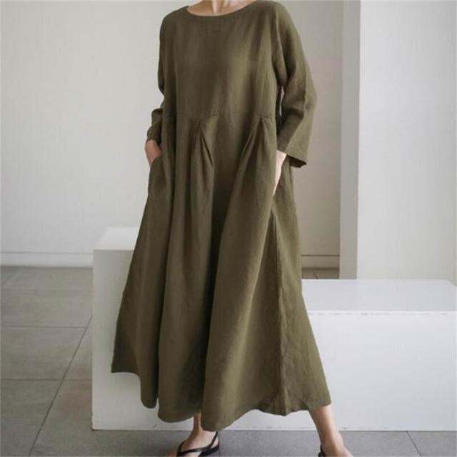 【巴黎精品】現貨限搶 女連身裙亞麻棉麻洋裝大尺碼寬鬆長裙A字裙休閒女裝(長袖太陽裙女裙子3款b1a26)