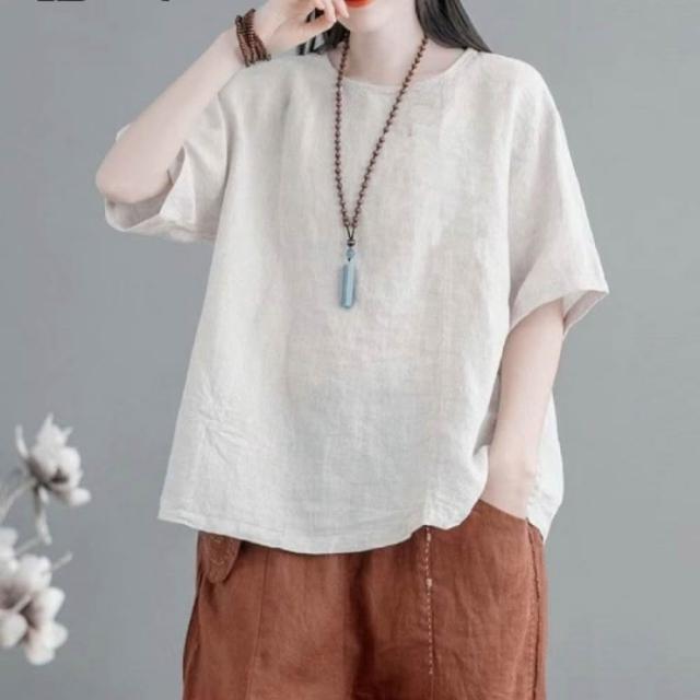 【巴黎精品】現貨+預購 女亞麻棉麻T恤新中式短袖上衣大尺碼寬鬆(夏季圓領日系復古休閒女裝4款b1a29 B)