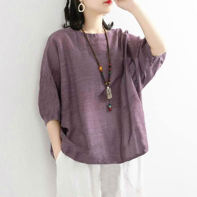 【巴黎精品】現貨+預購 女亞麻棉麻T恤新中式短袖上衣大尺碼寬鬆(夏季圓領日系復古休閒女裝4款b1a29 B)