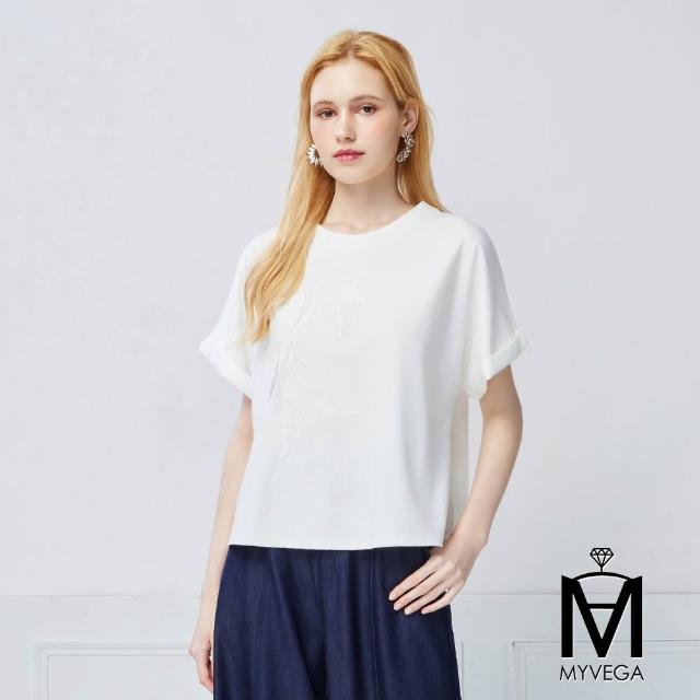 【MYVEGA 麥雪爾】MA文藝風配色/雕花鏤空/立體刺繡寬鬆落肩上衣-多款任選(日系/女上衣/涼感/短袖)
