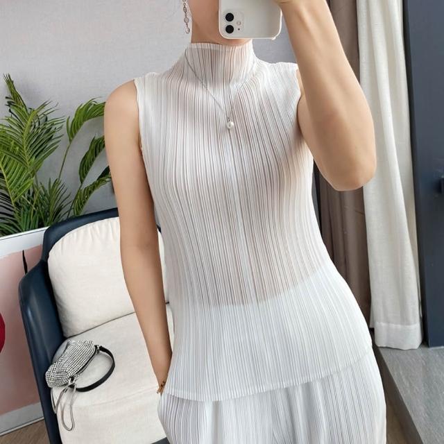 【巴黎精品】現貨限搶 三宅風皺褶衣服褶皺上衣摺衣彈力大尺碼(高領無袖寬鬆女T恤3款b1a36)