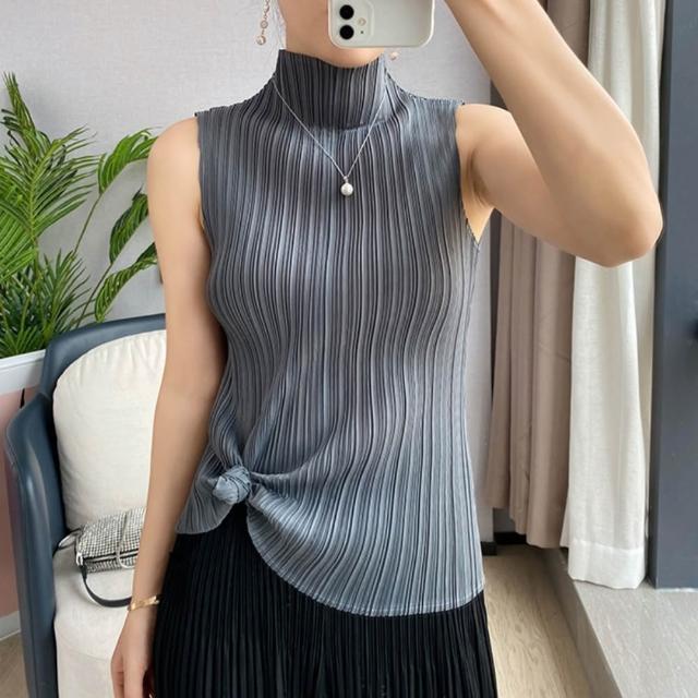 【巴黎精品】現貨限搶 三宅風皺褶衣服褶皺上衣摺衣彈力大尺碼(高領無袖寬鬆女T恤3款b1a36)