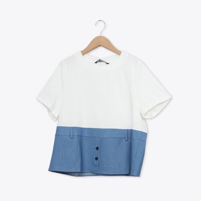 【MASTINA】圓領拼接牛仔下擺短袖T 黑 白(魅力商品)