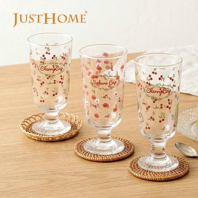 【Just Home】花園系透明玻璃杯3件組285ml-櫻花、櫻桃(水杯 玻璃杯 高腳杯)