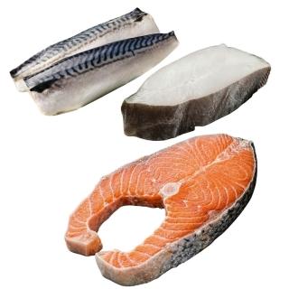 【海鮮大王】經典海味鮮魚三拼組(鮭魚*2+鱈魚*2+鯖魚*2/共6片)海陸拼盤 超值組