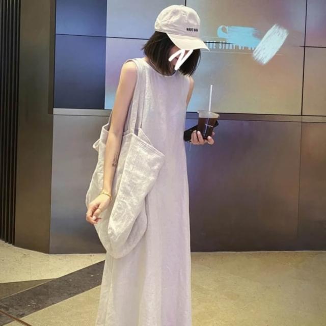 【米蘭精品】現貨出清 洋裝無袖連身裙大尺碼長裙連衣裙A字裙休閒大碼女裝(露背亞麻背心裙女裙子2款74kf54)