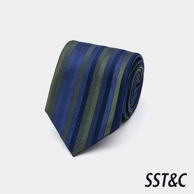 【SST&C】男款_藍綠斜條紋窄版真絲領帶81126326020(換季55折)