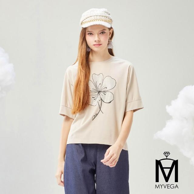 【MYVEGA 麥雪爾】MA都會氣質翻落肩/燙鑽/綁帶印花上衣-多款任選(女上衣/短袖上衣/T恤)