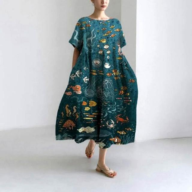 【巴黎精品】現貨限搶 連身裙短袖洋裝大尺碼女裝(圓領寬鬆網版絹印顯瘦長裙女裙子22款b2a8)