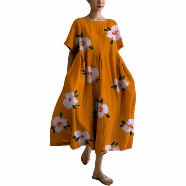 【巴黎精品】現貨限搶 連身裙短袖洋裝大尺碼女裝(圓領寬鬆網版絹印顯瘦長裙女裙子22款b2a8)