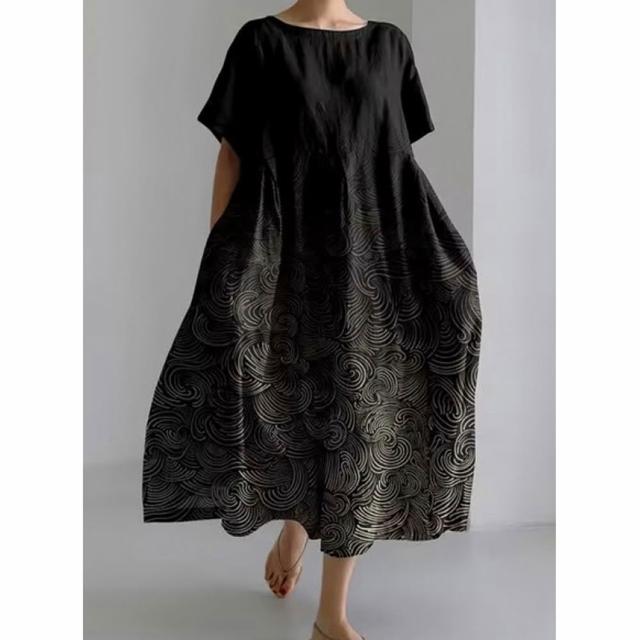 【巴黎精品】現貨限搶 連身裙短袖洋裝大尺碼女裝(圓領寬鬆網版絹印顯瘦長裙女裙子22款b2a8)
