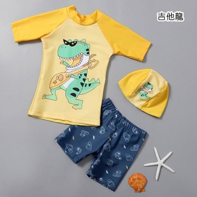 【橘魔法】繽紛恐龍集合插肩短袖泳衣+五分褲泳褲+泳帽 2件式 男童 兒童 童裝 泳裝 夏天 玩水 游泳 海邊