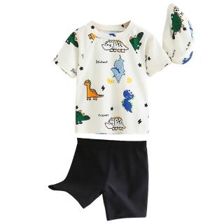 【時尚Baby】兒童泳裝男童泳衣泳褲泳帽三件組黑白恐龍泳裝(男童泳衣三件式含泳衣泳褲和泳帽泳裝)