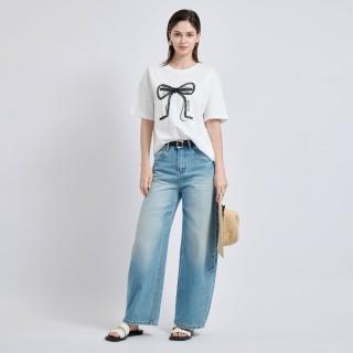 【KeyWear 奇威名品】顯瘦刷白高腰牛仔寬褲