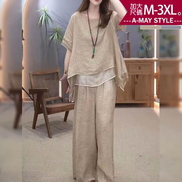 【Amay Style 艾美時尚】夏新品 中大尺碼女裝 兩件式 日系不規則下擺棉麻感舒適寬褲套裝。M-3XL(2色.預購)