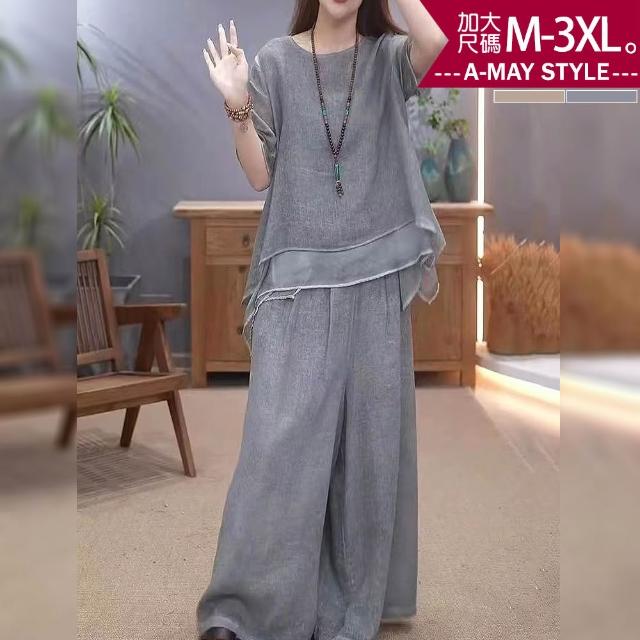 【Amay Style 艾美時尚】夏新品 中大尺碼女裝 兩件式 日系不規則下擺棉麻感舒適寬褲套裝。M-3XL(2色.預購)