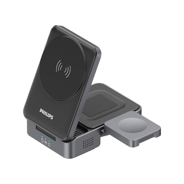 【Philips 飛利浦】DLK3547Q Qi2 22.5W黑金剛磁吸三合一磁吸充電座(MagSafe/雙系統適用)