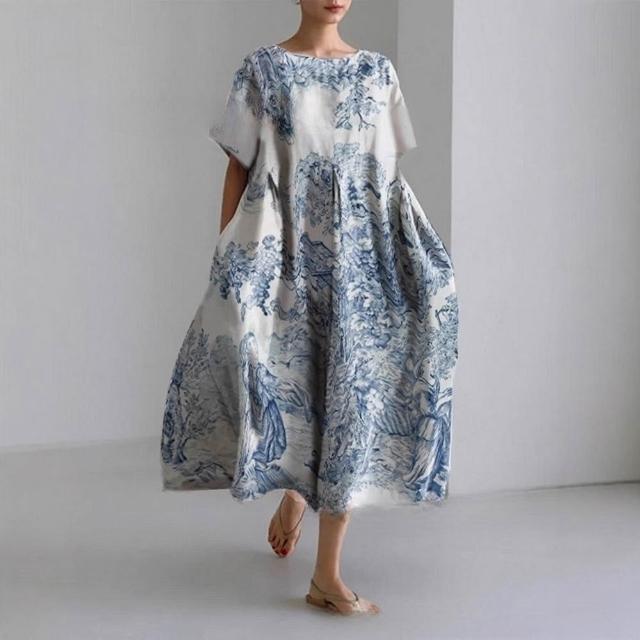 【巴黎精品】買一送一 現貨限搶 連身裙短袖洋裝大尺碼女裝(圓領寬鬆網版娟印顯瘦連衣裙15款b2a11)