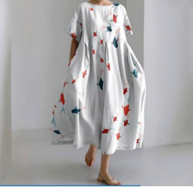 【巴黎精品】買一送一 現貨限搶 連身裙短袖洋裝大尺碼女裝(圓領寬鬆網版娟印顯瘦連衣裙15款b2a11)