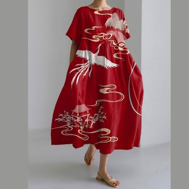 【巴黎精品】現貨+預購 連身裙短袖洋裝大尺碼女裝(圓領寬鬆網版絹印顯瘦長裙連衣裙女裙子14款b2a12 B)