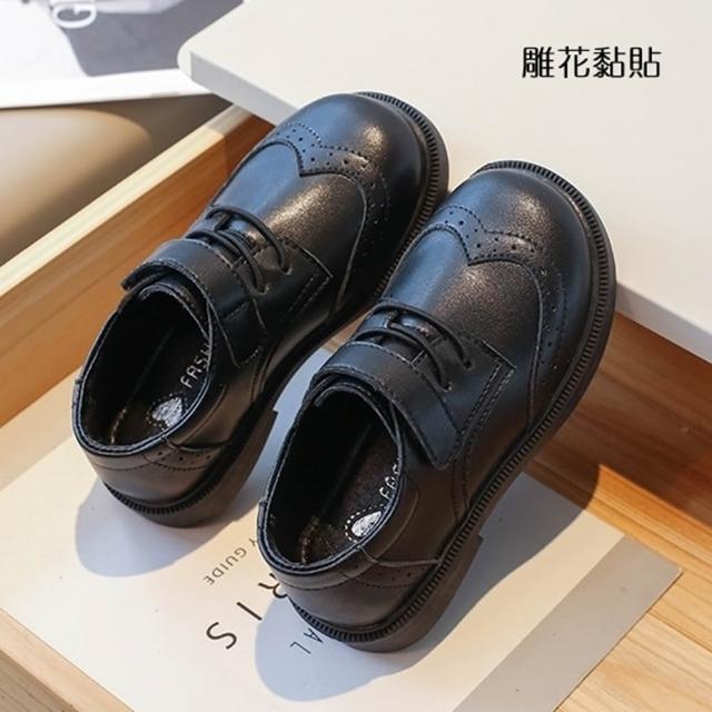 【橘魔法】兒童雕花學院風黏貼綁帶皮鞋 男童 女童 童鞋 平底鞋 黑皮鞋 德比鞋 鞋子 學生皮鞋 表演
