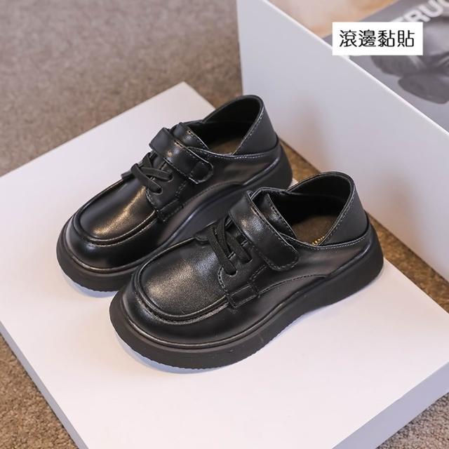 【橘魔法】兒童雕花學院風黏貼綁帶皮鞋 男童 女童 童鞋 平底鞋 黑皮鞋 德比鞋 鞋子 學生皮鞋 表演