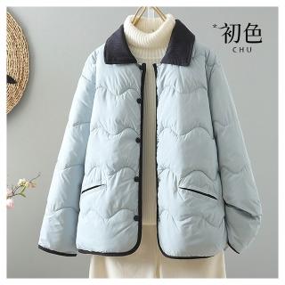 【初色】出清品 小香風韓版撞色燈芯絨領子長袖科技保暖纖維棉輕薄女外套-共3色-39162(M-XL可選/快速出貨)