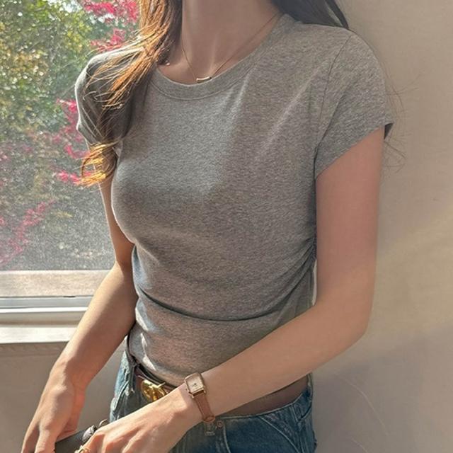 【D.studio】韓版顯瘦收腰短袖上衣 短版上衣 衣服 夏天女裝 短板上衣 短版t恤 短袖t恤 素T 運動上衣 T701