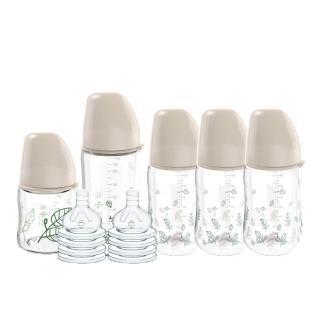 【nip 德國】小資實用PP奶瓶入門組(PP奶瓶260ml*3+玻璃奶瓶240m1*1+玻璃奶瓶120m1*1+矽膠奶嘴M*8)