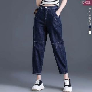 【Amay Style 艾美時尚】夏新品 中大尺碼女裝 男友褲 休閒丹寧拼接九分牛仔褲顯瘦哈倫褲。S-5XL(3色.預購)