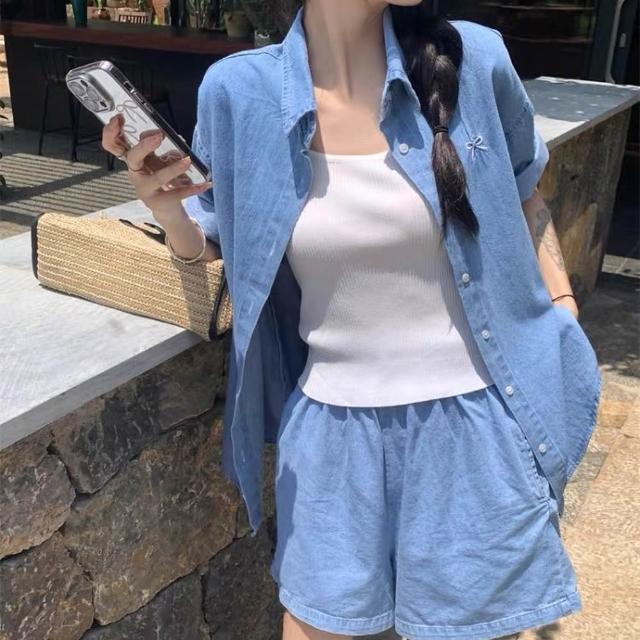 【AS 梨卡】女裝 套裝 外套 短褲 薄長袖 寬褲 夏季套裝 寬鬆外套 顯瘦短褲 百搭套裝 HZ189