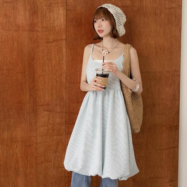 【OB 嚴選】細格紋細肩帶氣球裙襬短洋裝 《DA10759》 適 2L~5L