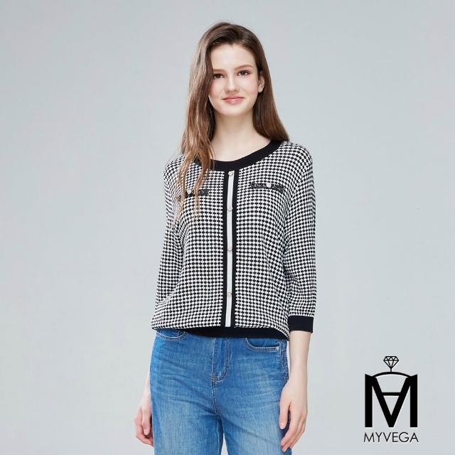 【MYVEGA 麥雪爾】MA小香風珍珠釦格格紋針織上衣-共三色(日系/女上衣/小香風)