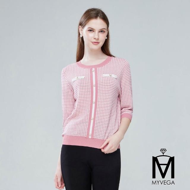 【MYVEGA 麥雪爾】MA小香風珍珠釦格格紋針織上衣-共三色(日系/女上衣/小香風)