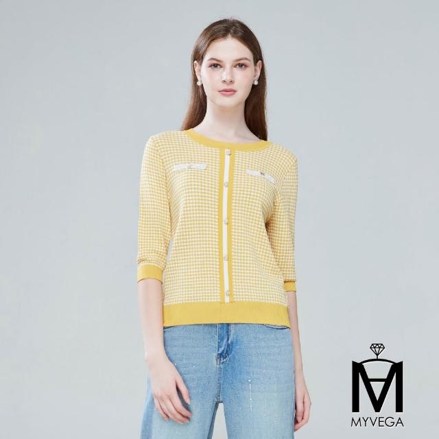 【MYVEGA 麥雪爾】MA小香風珍珠釦格格紋針織上衣-共三色(日系/女上衣/小香風)