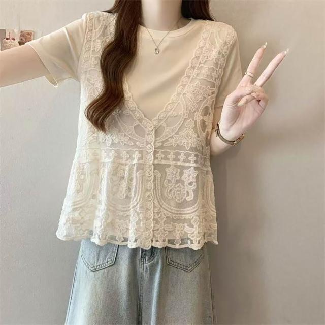 【JC Collection】☆台灣現貨☆｜甜美氣質細綿網紗刺繡蕾絲前扣設計輕盈罩衫背心｜優雅百搭