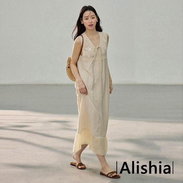 【Alishia】復古時尚拼接質感雕花V領背心連身裙 背心裙 洋裝 F(米色)