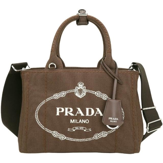 【PRADA 普拉達】Canapa 小款 徽標印花帆布手提/斜背托特包(2色可選 肩背 通勤包 米蘭精品)