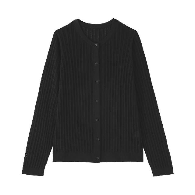 【MUJI 無印良品】女柔滑羅紋鏤空編織圓領開襟衫(黑色/象牙白/深棕)