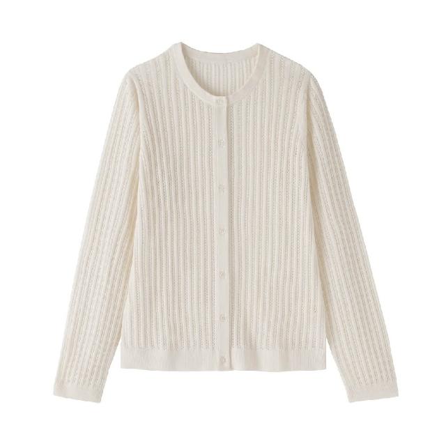 【MUJI 無印良品】女柔滑羅紋鏤空編織圓領開襟衫(黑色/象牙白/深棕)