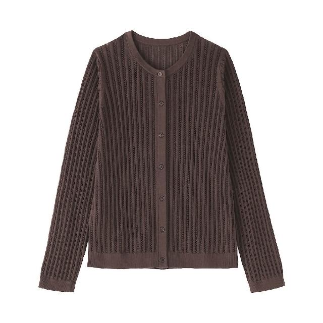 【MUJI 無印良品】女柔滑羅紋鏤空編織圓領開襟衫(黑色/象牙白/深棕)