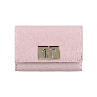 【FURLA 芙拉】FURLA 金字LOGO 1927 M系列牛皮8卡拱門旋扣三折短夾(芭蕾粉)