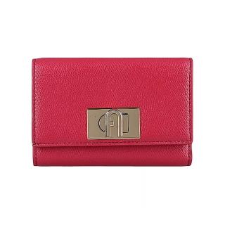 【FURLA 芙拉】FURLA 金字LOGO 1927 M系列牛皮8卡拱門旋扣三折短夾(海棠紅)
