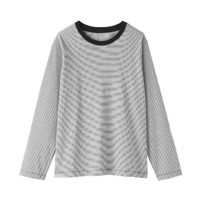 【MUJI 無印良品】女天竺圓領長袖T恤(白色/黑色/綠色/棕色/黑紋樣/磚紅紋樣/綠紋樣/灰棕紋樣)