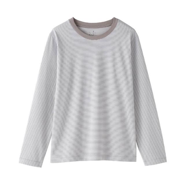 【MUJI 無印良品】女天竺圓領長袖T恤(白色/黑色/綠色/棕色/黑紋樣/磚紅紋樣/綠紋樣/灰棕紋樣)