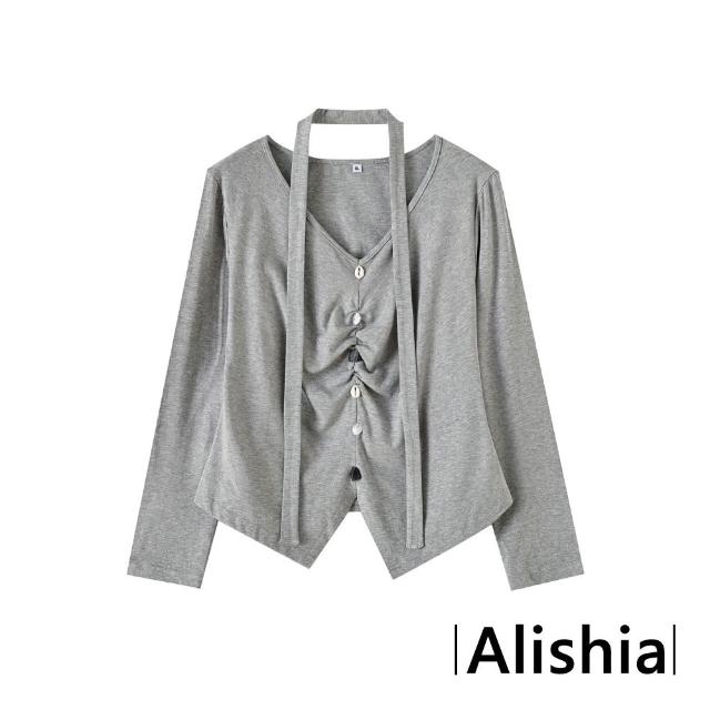 【Alishia】韓系V領修身抓皺鈕扣質感長袖上衣 中大碼款 打底衣 XL-4XL(米杏色 / 灰色 / 黑色)