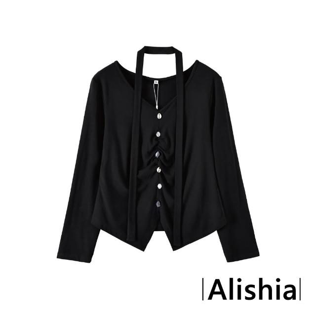 【Alishia】韓系V領修身抓皺鈕扣質感長袖上衣 中大碼款 打底衣 XL-4XL(米杏色 / 灰色 / 黑色)