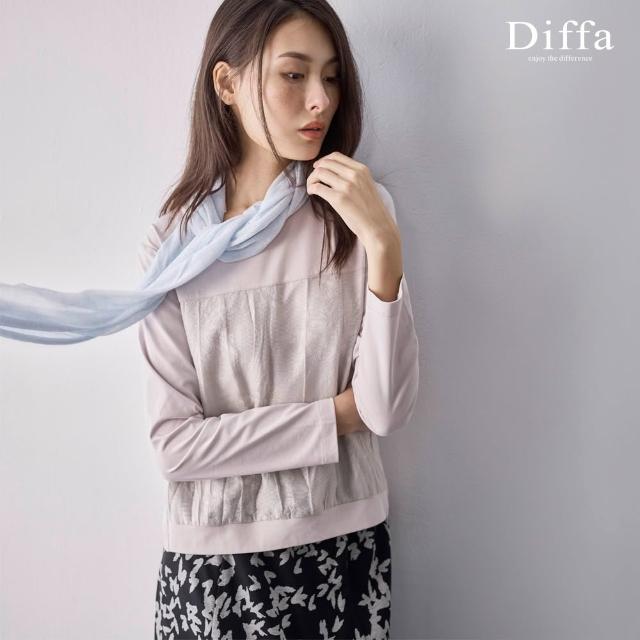 【Diffa】葉脈織紋壓褶異素材拼接長袖針織衫-女